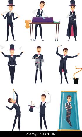Magicien. Hommes de spectacle showmen en costume noir et gants blancs magie tours personnages de dessin animé vecteur Illustration de Vecteur