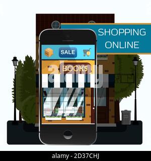 Application mobile, boutique de livres en ligne écran de smartphone avec l'image de la façade d'une boutique de livres pour l'éducation. Acheter des marchandises du confort de votre maison avec livraison à la maison. Une illustration vectorielle peut être utilisée pour un site Web, une application ou une publicité. Un smartphone sous forme de magasin. Illustration de Vecteur