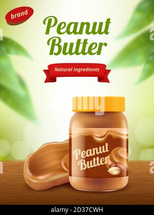 Publicité au beurre d'arachide. Affiche de la nourriture crémeuse au chocolat sucré ou affiche de papier-bannière réaliste Illustration de Vecteur