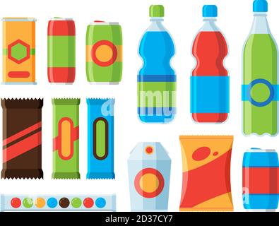 En-cas. Biscuits craquelins boissons gazeuses barres de chocolat jus vecteur de jus illustrations plates Illustration de Vecteur