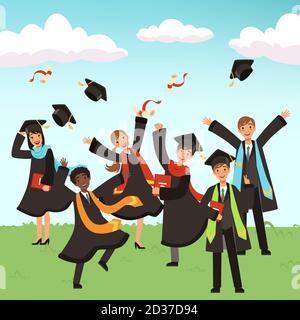 Joyeux diplômé international avec des diplômes et des chapeaux de remise des diplômes illustration vectorielle Illustration de Vecteur