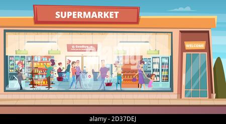 Façade de supermarché. Les gens magasinent dans le magasin d'alimentation hypermarché de produits avec des acheteurs mâles et femelles de fond vectoriel Illustration de Vecteur