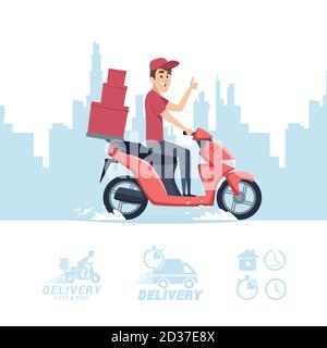 Dessin animé de liveur. Vecteur de livraison homme sur scooter et icônes plates isolées sur fond blanc Illustration de Vecteur