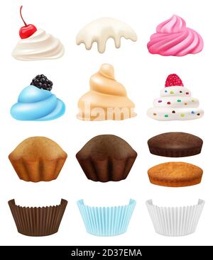 Collection de gâteaux. Kit de création de cupcakes réaliste muffin crème fruits chocolat anniversaire symboles holliday vecteur 3d Illustration de Vecteur