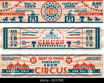 Billets de cirque. Bannières horizontales invitation pour le spectacle de cirque carnaval bannières rétro web vectorielles Illustration de Vecteur