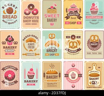 Cartes de boulangerie vintage. Délicieux café-boutique de pâtisseries et étiquettes vectorielles de gâteaux Illustration de Vecteur