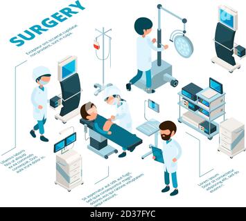 Chirurgies isométriques. Personnel médical les chirurgiens travaillent les procédures de thérapie d'urgence salle de soins de santé médecins faisant opération vecteur patient Illustration de Vecteur