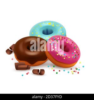 Beignets glacés avec des bonbons colorés et un vecteur de chocolat isolé arrière-plan blanc Illustration de Vecteur