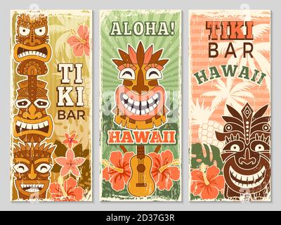Bannières rétro Hawaii. Aloha tourisme été aventure danse partie dans tiki bar tribal masques illustrations vectorielles Illustration de Vecteur