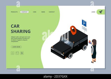 Page d'accueil du partage de voiture. Femme trouve la voiture avec le concept isométrique de vecteur d'application mobile Illustration de Vecteur