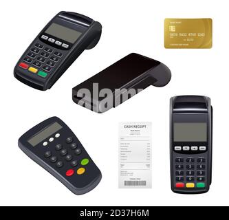 Terminal de paiement. Gros plan reçu d'argent carte de crédit machine pour les paiements à distance mobile nfc finance Banque de détail outils vecteur Illustration de Vecteur