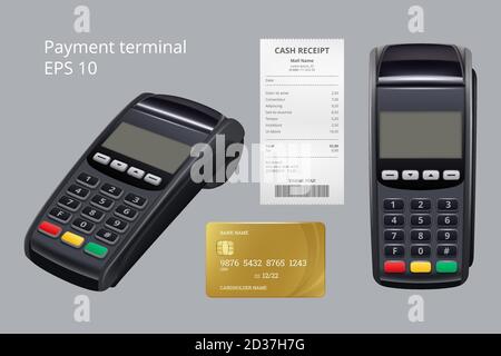 Terminal de paiement. Terminal de carte de crédit machine nfc mobile paiement reçu pour les marchandises vecteur illustrations réalistes Illustration de Vecteur