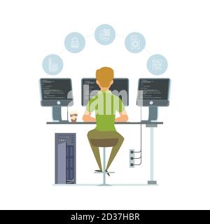 Programmeur, illustration vectorielle de l'employé des technologies de l'information. Icônes de programmation et développeur de logiciels isolés sur fond blanc Illustration de Vecteur