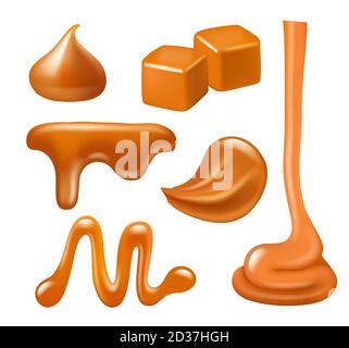 Gouttes de caramel. Sucreries et bonbons liquides éclaboussures propagation arachides sirop alimentaire vecteur collection réaliste Illustration de Vecteur