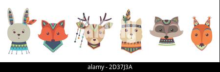 Mignon animal tribal visages vecteur isolé sur fond blanc Illustration de Vecteur