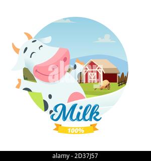 Bannière vecteur de lait de ferme frais avec personnage de dessin animé Happy vache Illustration de Vecteur