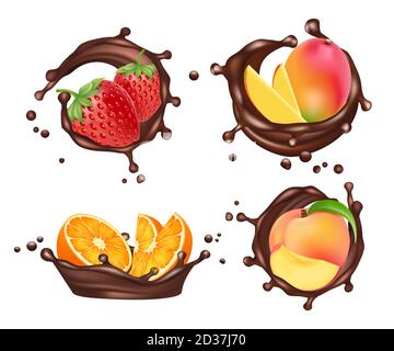 Des éclaboussures de chocolat avec des fruits et des baies. Vector réaliste orange et pêche, mangue et fraise avec chocolat au lait splache ensemble isolé Illustration de Vecteur