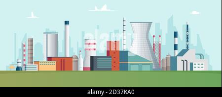 Arrière-plan de l'usine industrielle. Bâtiment extérieur de l'usine de fabrication paysage avec tuyau de cheminée de vapeur illustration vectorielle Illustration de Vecteur