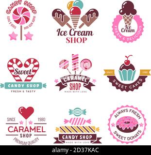 Logo bonbons. Badges pour la confiserie entreprise de confiserie loulipop gâteaux et beignets collection vectorielle Illustration de Vecteur