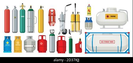 Réservoirs de gaz. Oxygène comprimé propane réservoirs de bouteilles dangereux vecteur collection de dessins animés Illustration de Vecteur