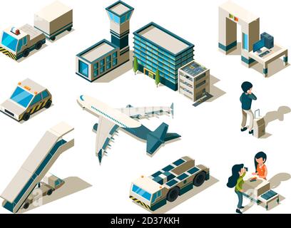 Aéroport isométrique. Contrôler les voyageurs vérifiant les passagers transporteur de bagages entrée service d'arrivée terminal 3d faible poly vecteurs Illustration de Vecteur