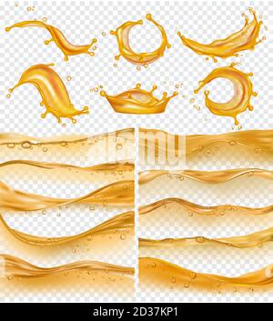 Vagues de pétrole. Surface liquide dorée réaliste du débit d'huile l'essence chute et éclabousse la collecte du vecteur de carburant Illustration de Vecteur