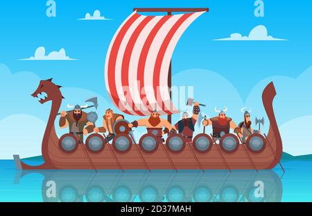 Navire de bataille Vikings. Voyage histoire bateau avec norvège vikings vecteur dessin animé arrière-plan Illustration de Vecteur