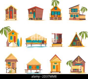 Maisons de plage. Bâtiments amusants pour vacances d'été bungalows tropicaux et constructions vecteur Illustration de Vecteur