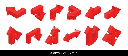 Flèches 3D. Ensemble de vecteurs de flèches isométriques rouges multidirectionnelles Illustration de Vecteur