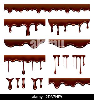 Goutte de chocolat. Aliments liquides doux et coulant avec des éclaboussures et des gouttes caramel cacao vector images réalistes Illustration de Vecteur