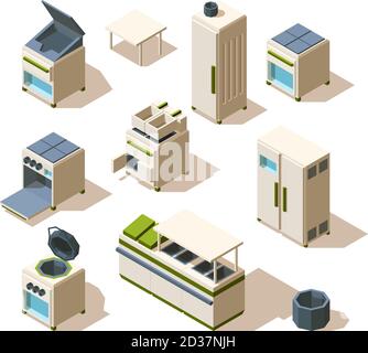 Equipement de restaurant industriel. Outils de cuisine pour la cuisson de l'acier cuisinière réfrigérateur four rayonnages vecteur isométrique Illustration de Vecteur