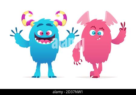 Monstres mignons. Dessin animé garçon et fille monstres illustration vectorielle. Personnages d'Halloween Illustration de Vecteur