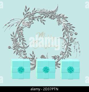 Carte de vœux Merry Christmas avec couronne argentée réaliste, boîte cadeau avec noeud de couleur bleu bébé sur fond bleu turquoise. Rendu 3D Banque D'Images