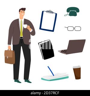 Vecteur de set pour les hommes d'affaires et les affaires. Illustration de l'homme d'affaires debout et accessoire Illustration de Vecteur