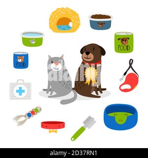 Articles pour chats et chiens. Substance pour chats et chiens, ensemble de vecteur de magasin d'animaux Illustration de Vecteur