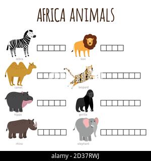 Jeu de mots pour les enfants comment nommé afrique animaux vecteur illustration. Le lion africain dans les mots croisés, le léopard et l'hippopotame des enfants Illustration de Vecteur