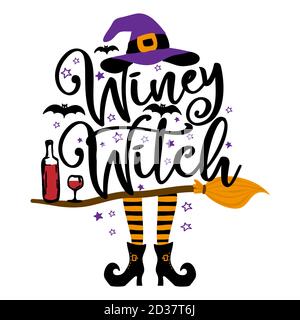 Winey Witch - citation d'Halloween sur fond blanc avec balai, chauves-souris et chapeau de sorcière. Idéal pour les t-shirts, les tasses, les rebuts, les cadeaux, les presses à imprimer. Vacances Illustration de Vecteur