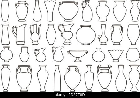 Contour vases et collection d'amphores, vecteur linéaire. Vase en poterie, ancienne pot grec illustration Illustration de Vecteur