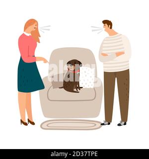 Abus d'animaux. Femme et homme hurlent, les gens en colère et triste illustration de vecteur de chien. Femme homme querelle, argue agressive mari et femme, chien chiot triste et mauvaise illustration Illustration de Vecteur