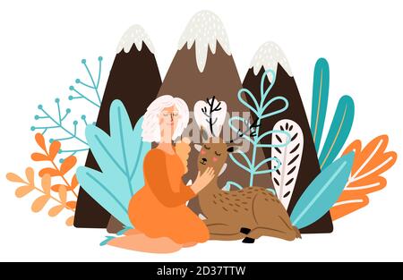 Fille avec animal cerf. Caricature jolie femme avec de beaux cerfs de bébé dans l'illustration vectorielle de forêt. Cerf fille câlin, animal adorable, amour de la faune Illustration de Vecteur