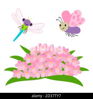 Dessin animé libellule et papillon volant sous fleurs illustration vectorielle. Insecte de libellule et de papillon dans le jardin, fleur de fleur Illustration de Vecteur