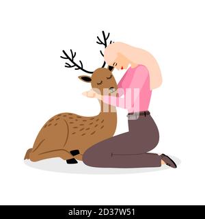 Fille avec animal cerf. Dessin animé jolie femme avec belle illustration de vecteur de cerf de bébé. Fille et animal mignon, dessin animé cerf bébé Illustration de Vecteur