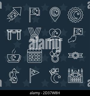 fanions décoratifs et icône de la république de turquie sur fond noir, style de ligne, illustration vectorielle Illustration de Vecteur