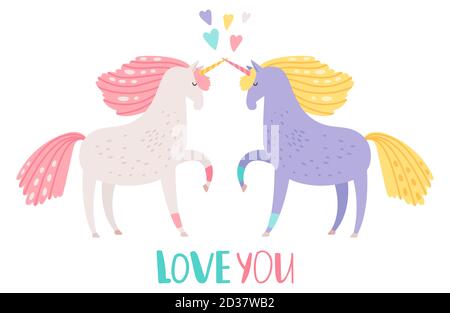 Mignon dessin animé unicorns dans l'illustration de vecteur d'amour. Cheval magique de licorne, conte de fées animal corné Illustration de Vecteur