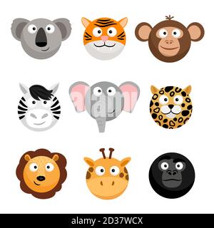 Émoticônes d'animaux sauvages. Vecteur bande dessinée drôle smileys visages, dessin animé animal emojis. Tête d'animal de visage sauvage, illustration d'avatar smiley Illustration de Vecteur