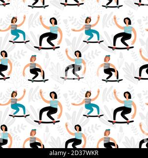 Motif de skateboard pour femme. Jeune skateboarder sur la texture sans couture de la planche longue. Skate et skateboard, skate-boarder de fond adolescent Illustration de Vecteur