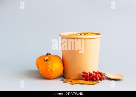 Soupe épaisse à la crème de citrouille végétalienne avec graines dans une tasse de papier artisanal jetable. Soupe à emporter, alimentation saine. Emporter la nourriture. Banque D'Images