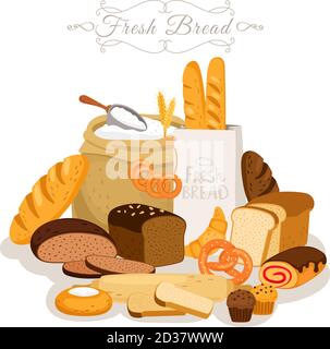 Caricature, farine de pain et pâtisseries. Baguette française et croissant pour le petit déjeuner, en-cas de boulangerie et gâteau au chocolat, bretzel de pâtisserie, petits pains et pain de seigle tranché illustration vectorielle Illustration de Vecteur