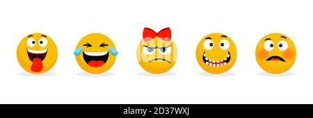 Émoticônes visages jaunes. Vecteur bande dessinée drôle smileys visages, bande dessinée emojis. Illustration de l'émoticône smiley, expression drôle de visage, émotion faciale Illustration de Vecteur