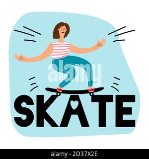 Icône de skateboard pour femme sur fond blanc. Illustration vectorielle Skate Girl Illustration de Vecteur